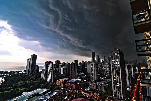 Stormy, dark clouds rolled over the city center