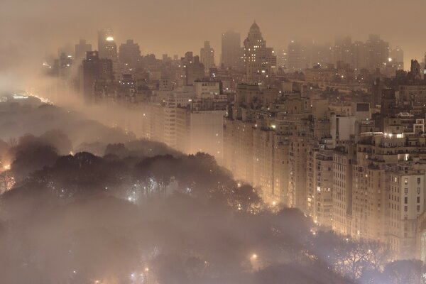 A city with high-rise buildings in a gray fog