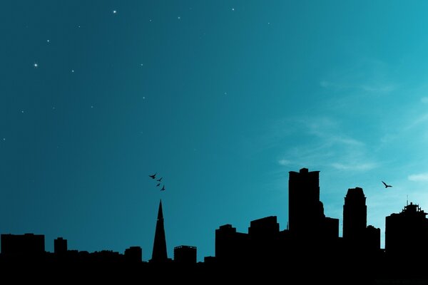 Silhouettes of city buildings in the dark of night
