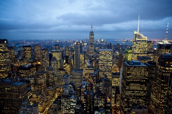 The city of skyscrapers. Beautiful evening landscape from a bird s-eye view