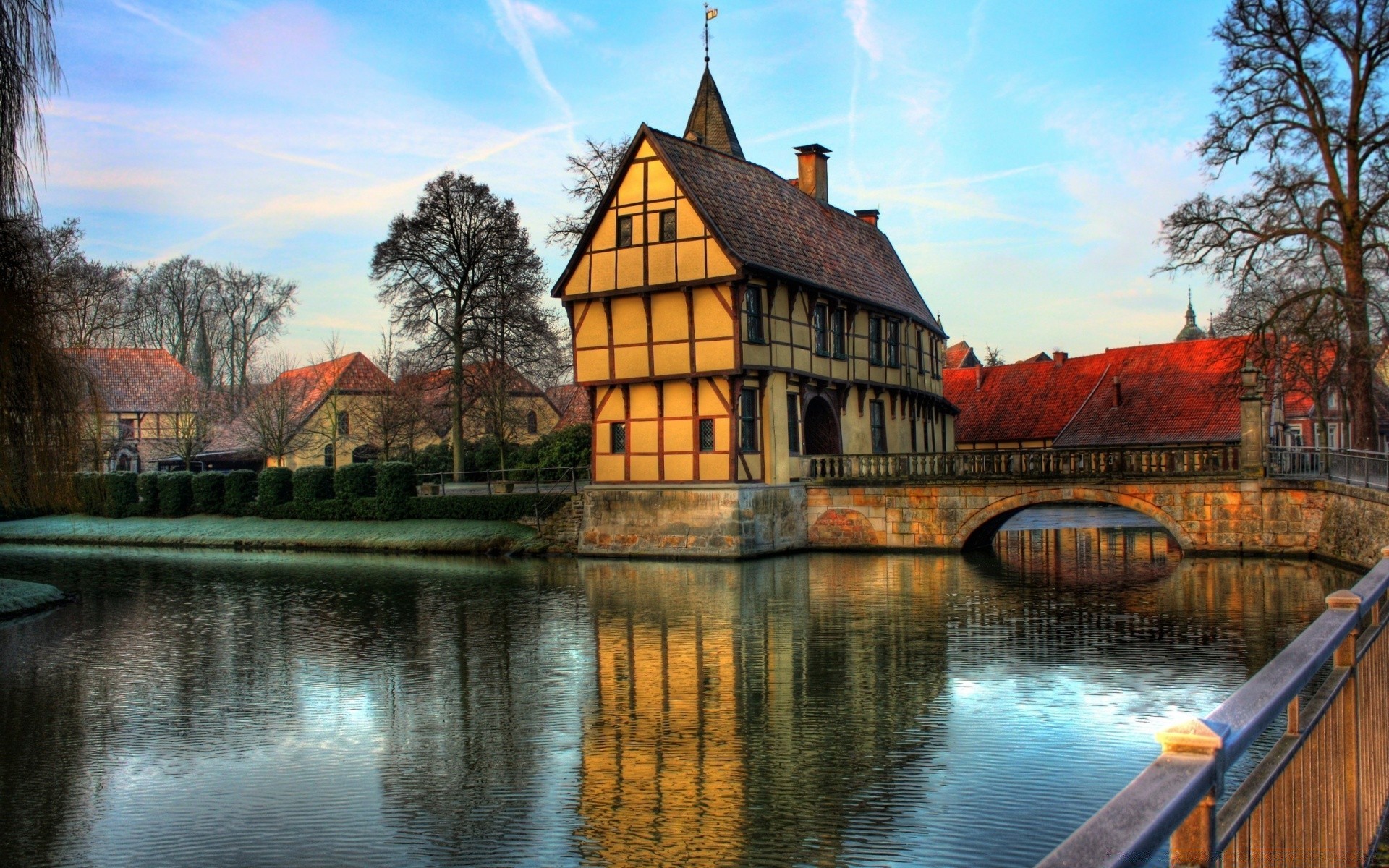 other city water reflection river lake architecture building travel outdoors sky bridge traditional old house tree