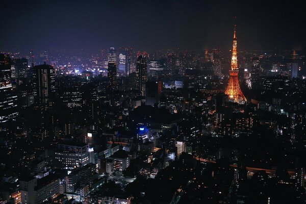 Illuminated tower in a large metropolis