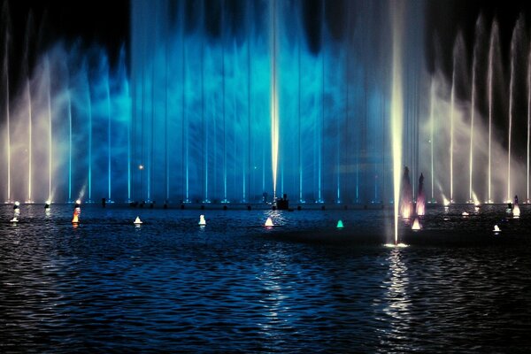 Photo of the fountain at night with blue illumination