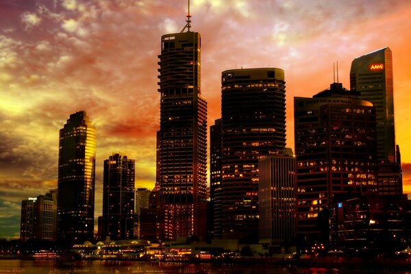 City skyscrapers at sunset