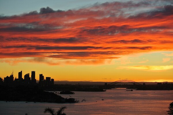 Night city. Beautiful red sunset