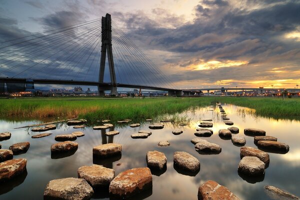 Pond with stones in the suburbs on the background of the bridge