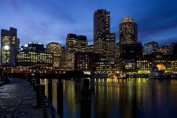 The night city reflected in the river