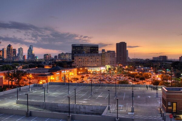 View of the city from above at sunset