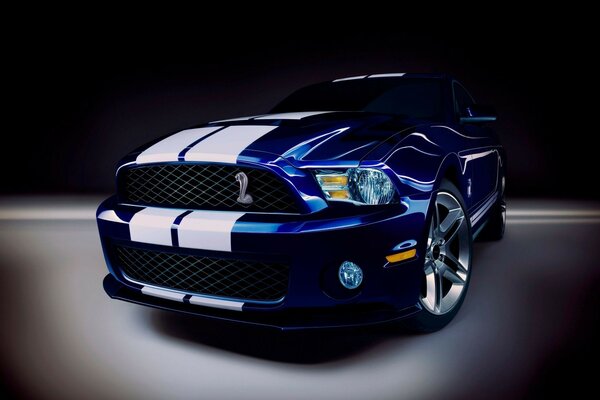 Blue sports car with white stripes