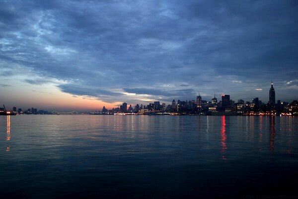 A city by the sea. Blue sky