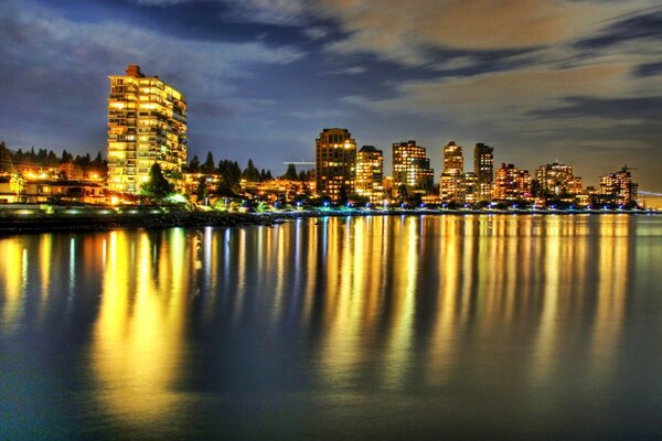 Night lights of the metropolis on the background of the water surface