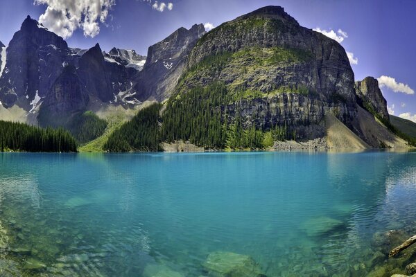 A small lake at the foot of the cliff