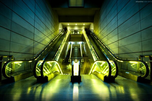 Glowing escolator in the subway