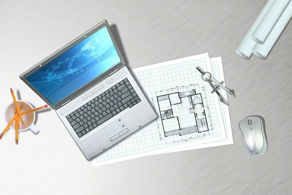 Designer s desktop, laptop and compass