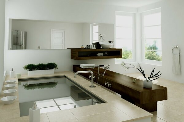 Salle de bain lumineuse avec fenêtre et miroir