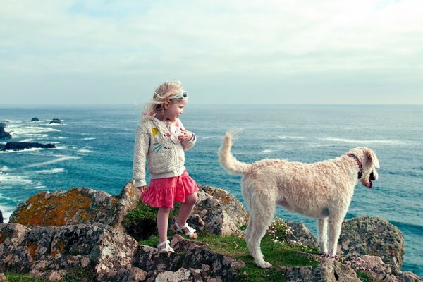 A little girl in a red skirt on the edge of a cliff with a dog