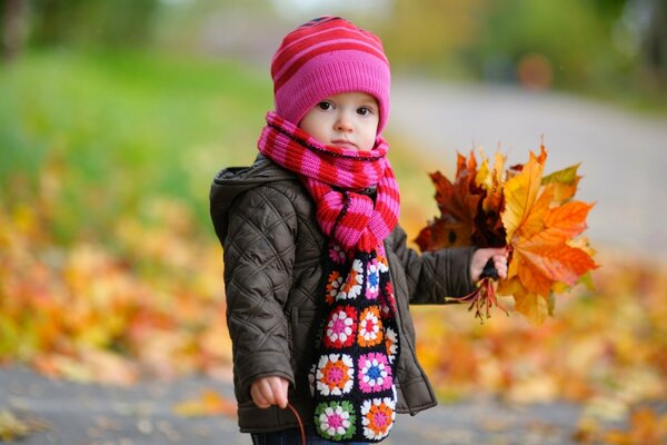 Bebé en otoño con un ramo de hojas