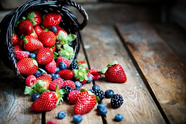 A scattered basket with different berries