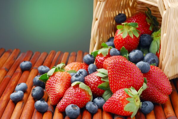 A basket with fruit scattered on the table