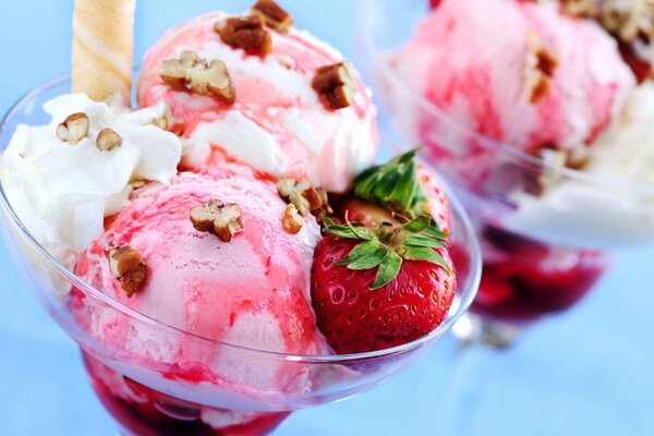 Delicious strawberry ice cream in a glass