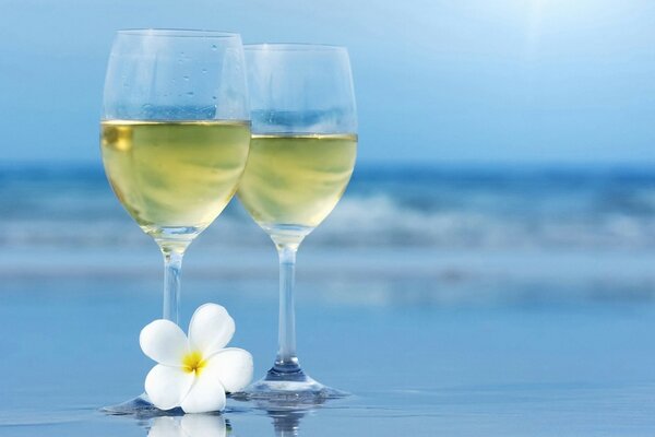 Dois copos de vinho com uma bebida e uma flor em um fundo embaçado do mar