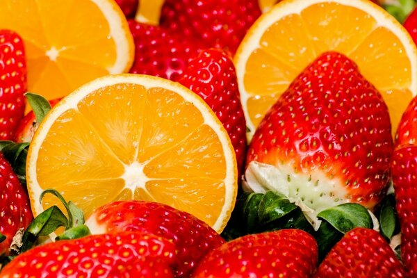 Saftige Orangen und rote Erdbeeren