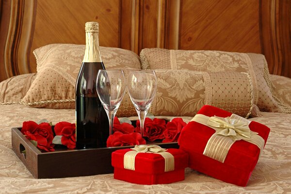 March 8, wine with glasses and gifts