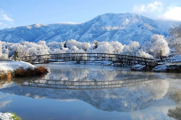 Reflexion im Wasser der Landschaft bei hellem Winterwetter