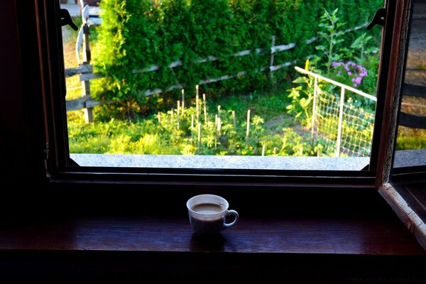 فنجان قهوة على حافة النافذة