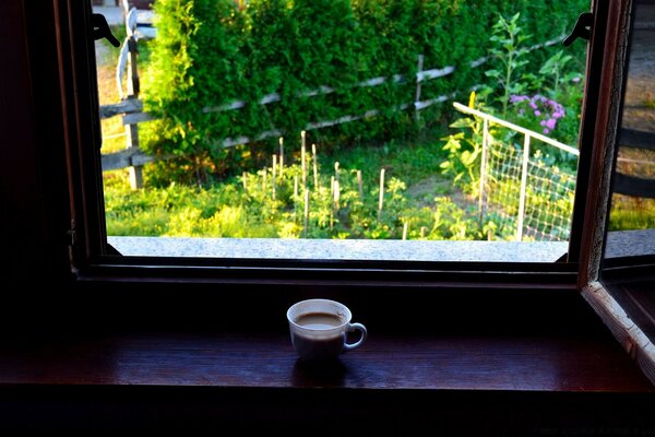 Uma xícara de café está no peitoril da janela