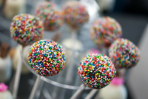 Sweet round dessert on sticks for decoration