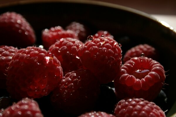 Framboesa fresca em um prato escuro