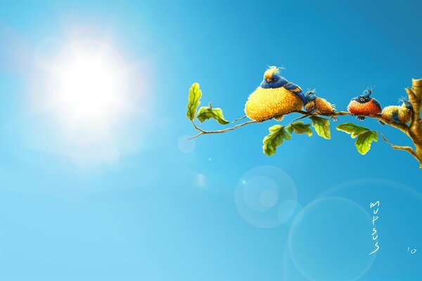 Small birds on a branch against a background of blue light