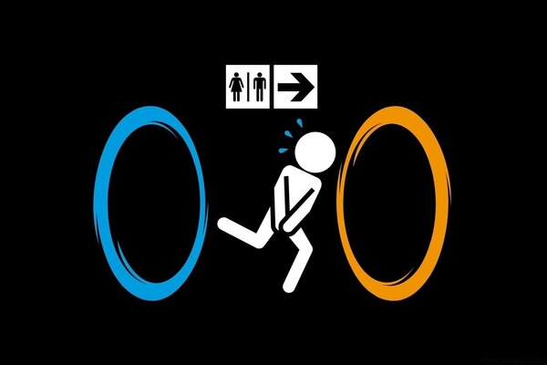 Illustration of a man on a black background with circles and a toilet sign