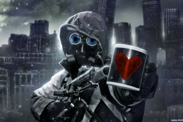 Sad stalker holds a mug, there s a heart, only there s no one to give