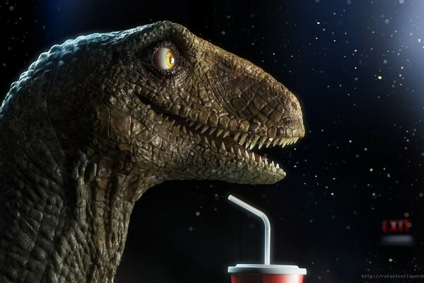 Dinosaure boit une boisson délicieuse