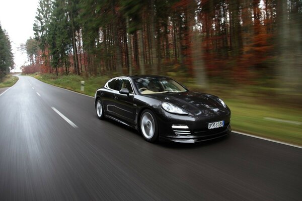 Velocidad coche negro bosque carretera tira