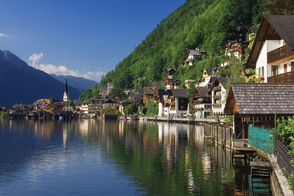 Wonderful mountain landscape with a city by the lake