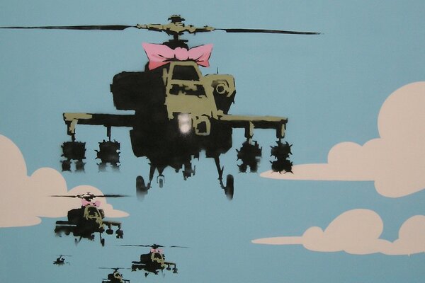 Military helicopters are flying with bows on their heads. Satire?