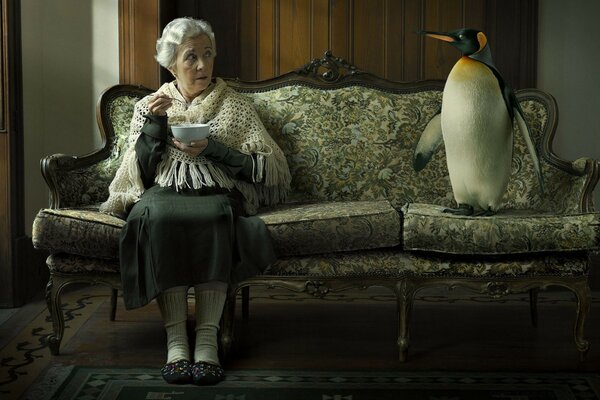 Pingüino hambriento con una abuela comiendo