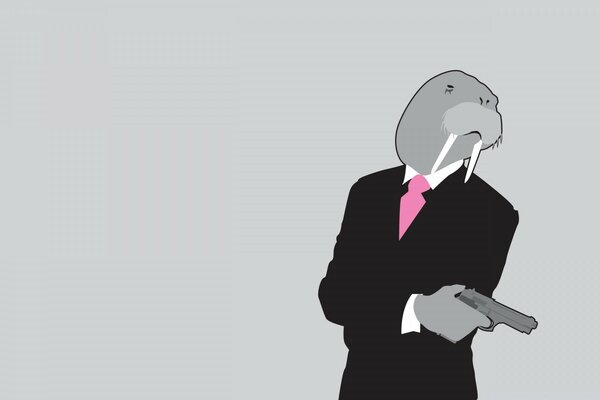 Grey walrus in a suit with a gun