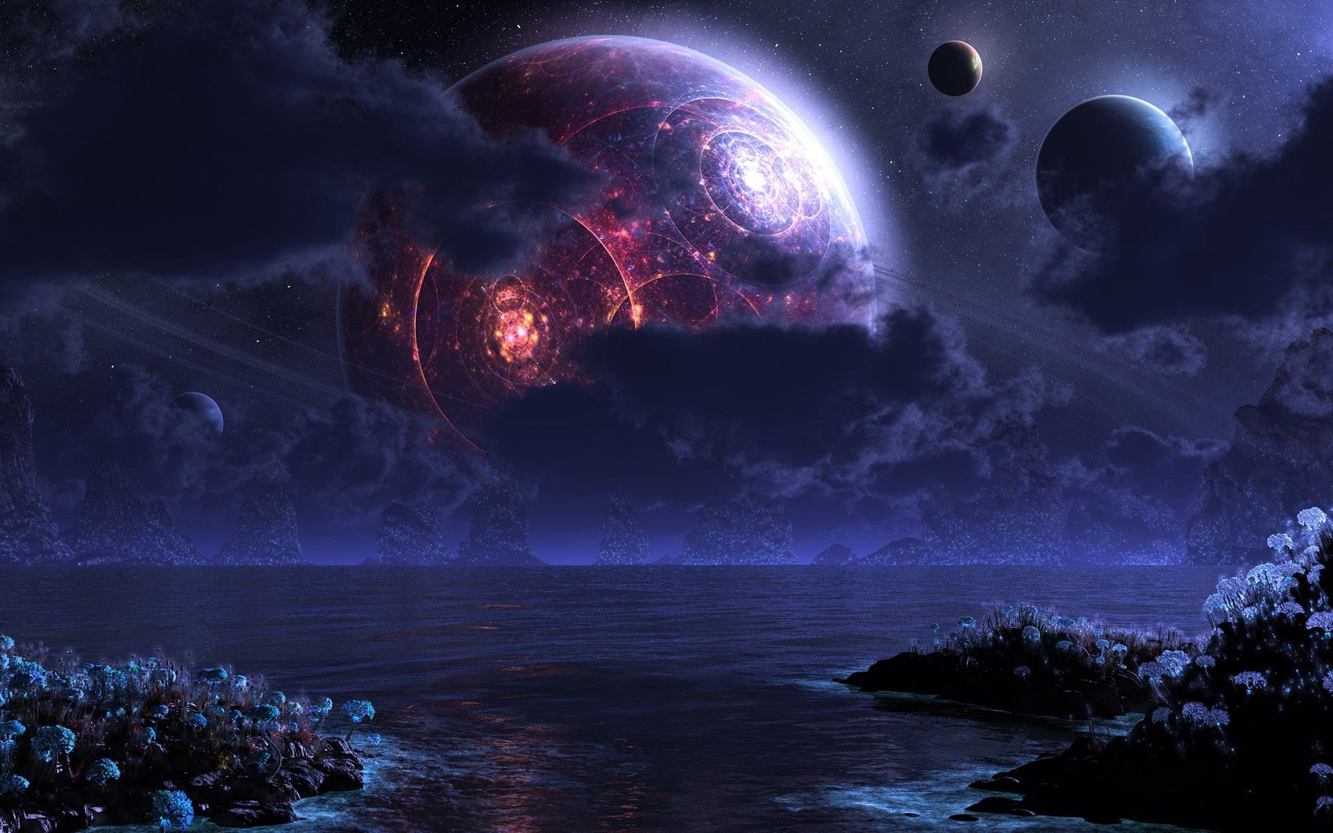 planet moon ocean water sea light astronomy evening sky exploration landscape sun galaxy space sunset