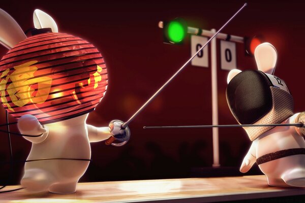 Two toons in bunny costumes are engaged in fencing