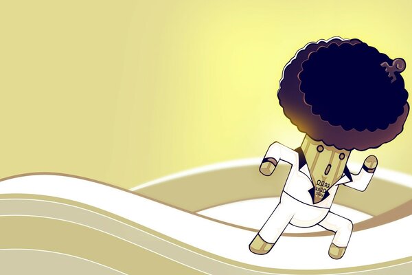 On a beige background, a cartoon in a white suit with a huge hairstyle