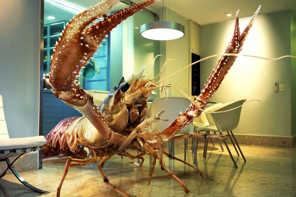 A giant crab with claws between tables in a restaurant