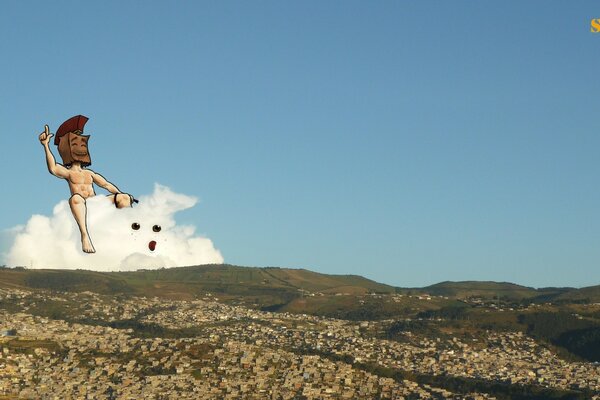 A warrior with a bag on his head rides on a cloud