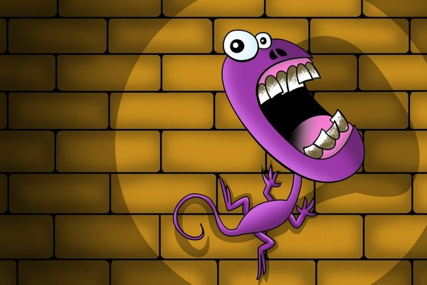 Illustration of a purple monster on a brick wall background