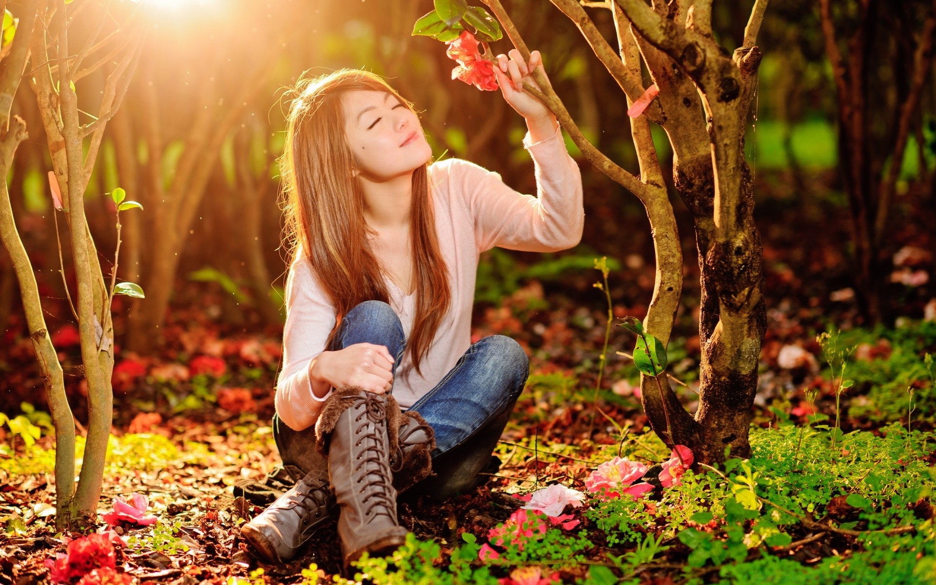 face and smile nature fall leaf park wood outdoors grass woman girl summer beautiful tree