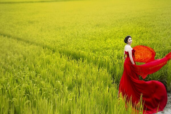 A girl in a red dress on the field