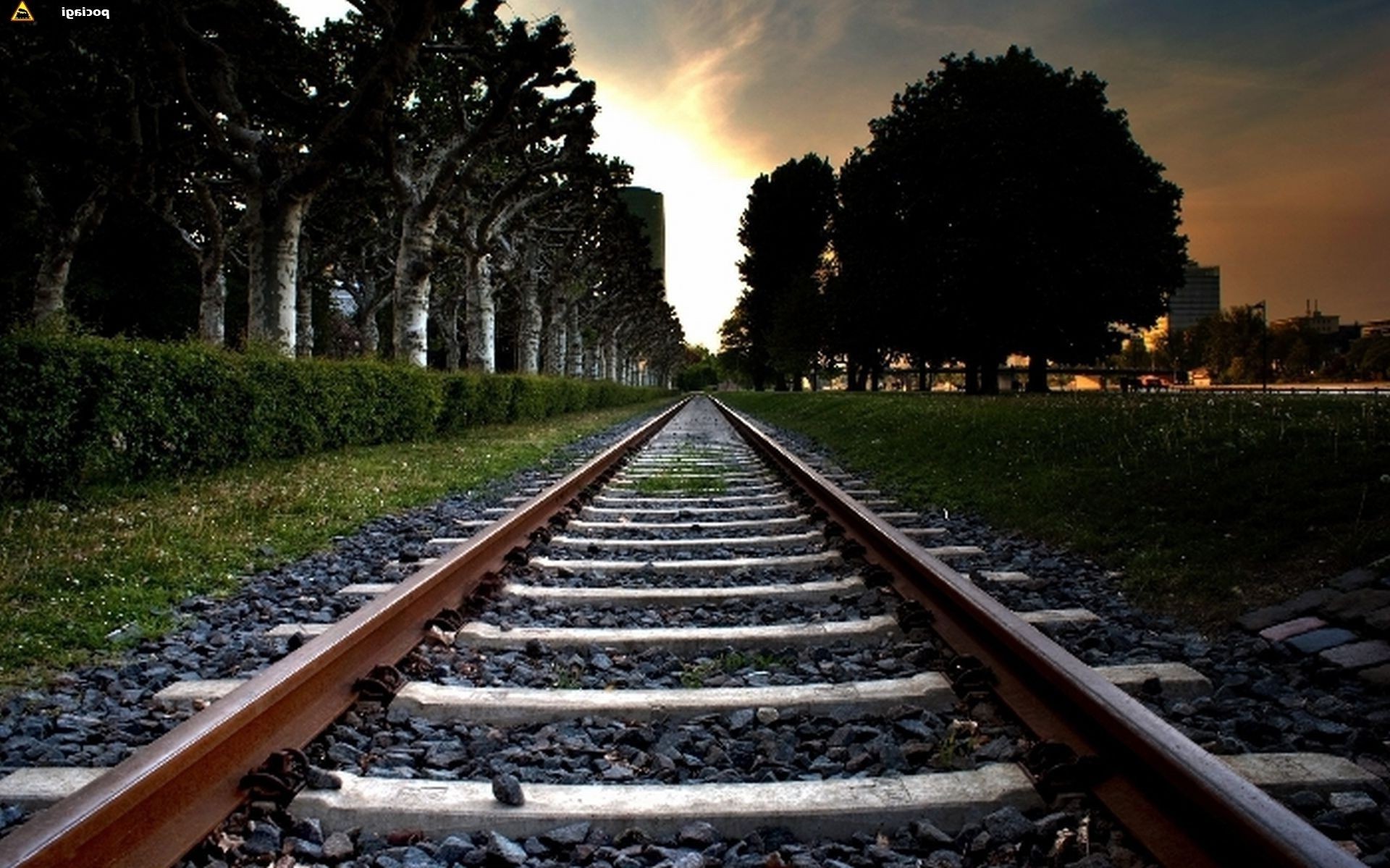 road railway track train travel guidance transportation system outdoors light perspective tree intersection gravel sky daylight long